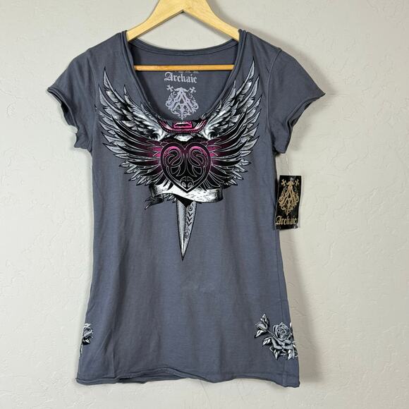 Archaic Gray Graphic Blouse with Pink Accents - Picture 1 of 12